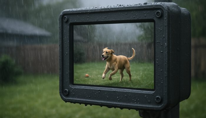 Weatherproof video monitor overlooking playful dog in rainy backyard for durable pet surveillance