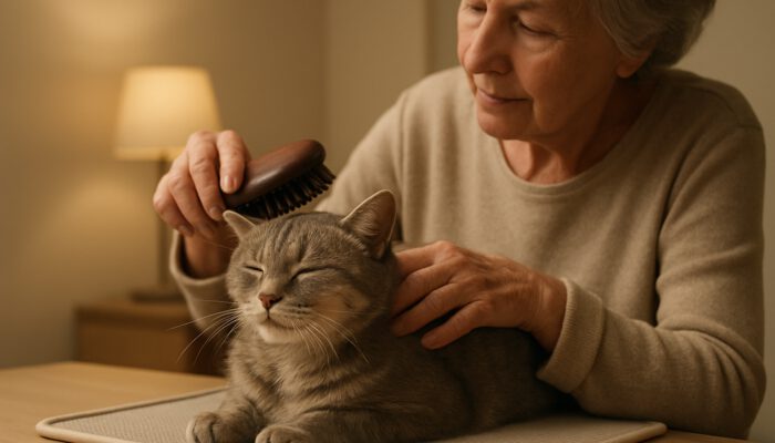 Elderly cat gently brushed by calm owner on non-slip mat in softly lit grooming nook.