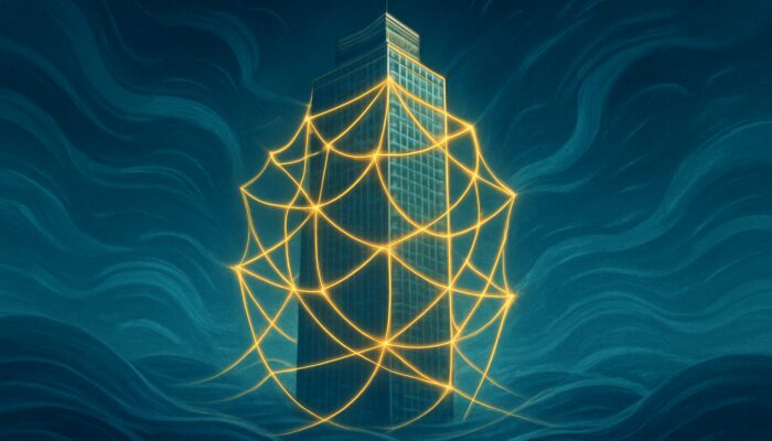 Corporate tower enveloped in glowing regulatory webs amid swirling markets, symbolising transparency and investor trust.