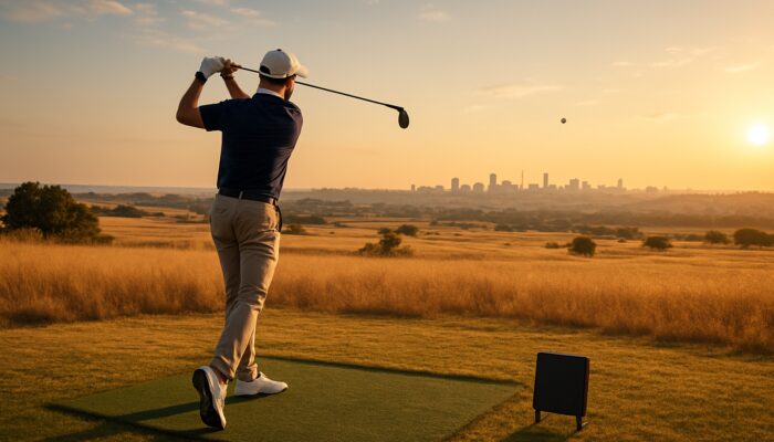 Golfer swings at sunlit Johannesburg driving range with TrackMan tracking ball over Highveld grasslands and skyline.