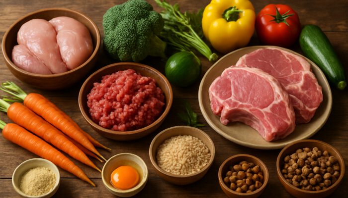 Rustic table displaying fresh organic meats and vibrant vegetables for balanced raw pet meals
