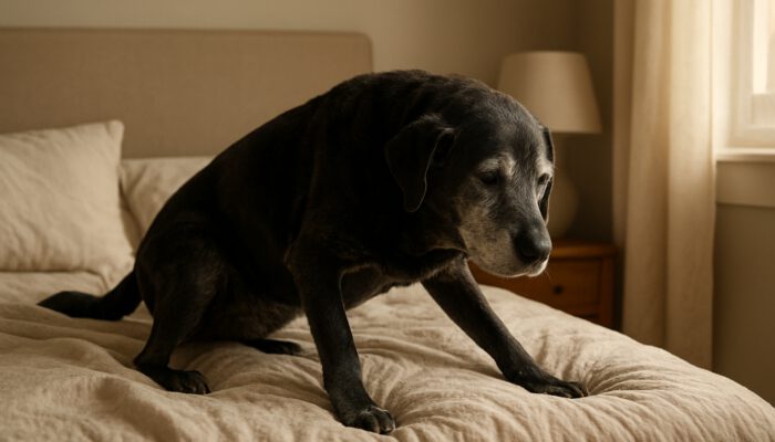 Elderly gray-muzzled Labrador rising stiffly from bed with osteoarthritis joint pain.