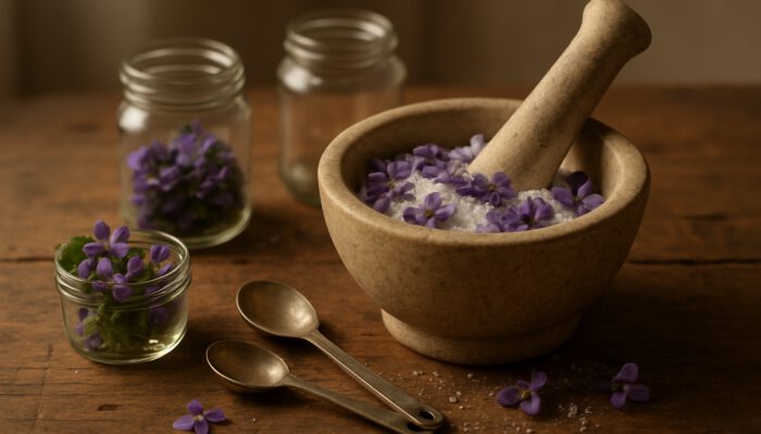 Mortar and pestle crushing violets into sugar on rustic table with jars and spoons