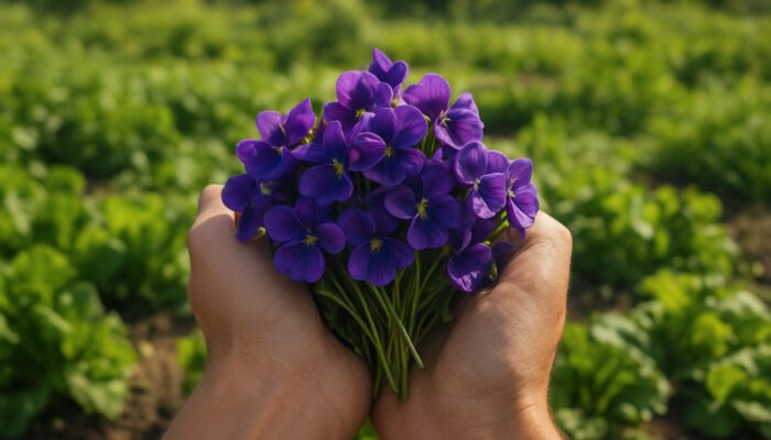 Hand-harvested vibrant purple violets at sunlit sustainable organic farm with lush greenery