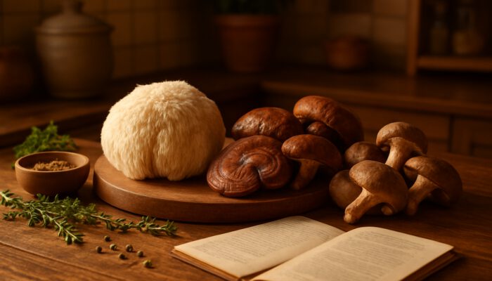 A welcoming kitchen featuring fresh lion's mane, reishi, and shiitake mushrooms, along with herbs, spices, and recipe cards.
