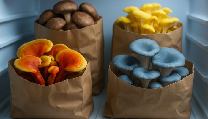 Vibrant medicinal mushrooms in paper bags, stored in a refrigerator for optimum freshness.