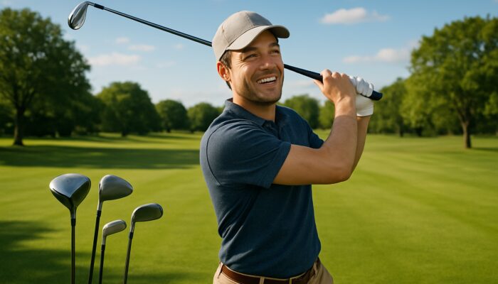 Joyful beginner golfer practices swing with affordable clubs on sunny green fairway