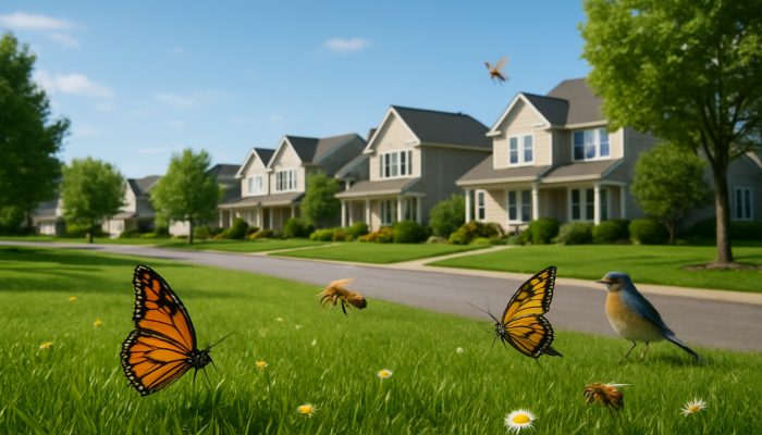 A scenic Ilchester neighbourhood displaying lush lawns, butterflies, bees, and songbirds under clear skies.