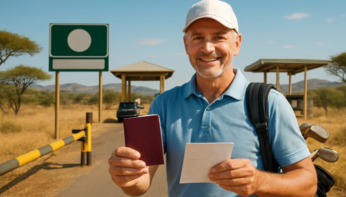 Golfer presenting passport and insurance documents at South African border check against savanna backdrop