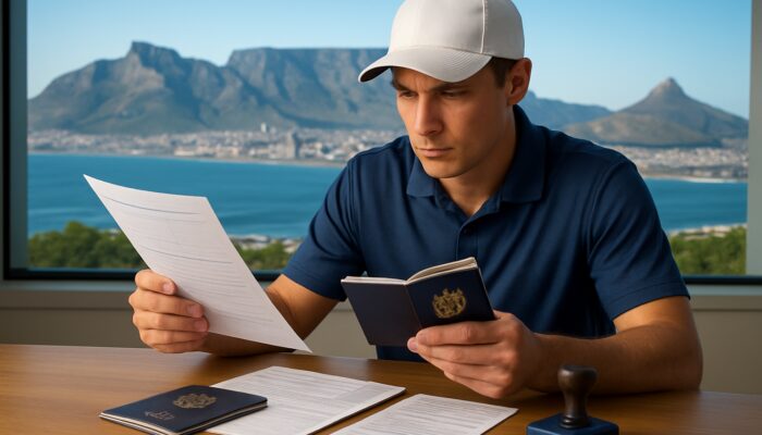 Golfer examining visa documents and passport at desk with a view of Table Mountain for tournament travel