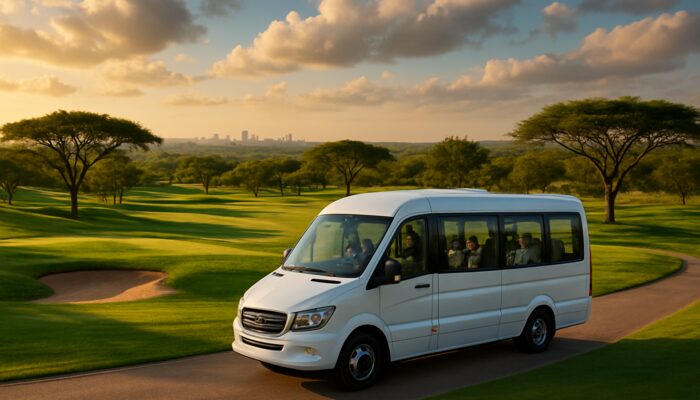 Luxury shuttle transporting golfers to a lush course near Johannesburg with acacia trees and skyline