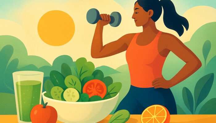 Person blending balanced meals and gentle exercise into serene daily routines for sustainable vitality