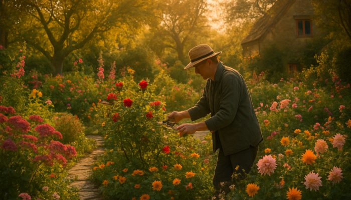 Gardener pruning roses in lush Martock cottage garden at golden hour with stone paths.