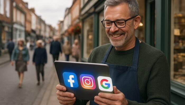 Tiverton shopkeeper smiling with tablet showing Facebook, Instagram and Google My Business icons on Devon high street