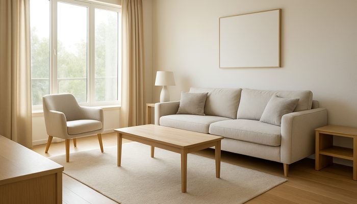 Bright modern living room with organized surfaces and tidy furniture ready for professional cleaning.