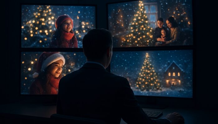 Strategist reviewing competitors' festive holiday video campaigns and performance metrics on illuminated screens in a dimly lit room.