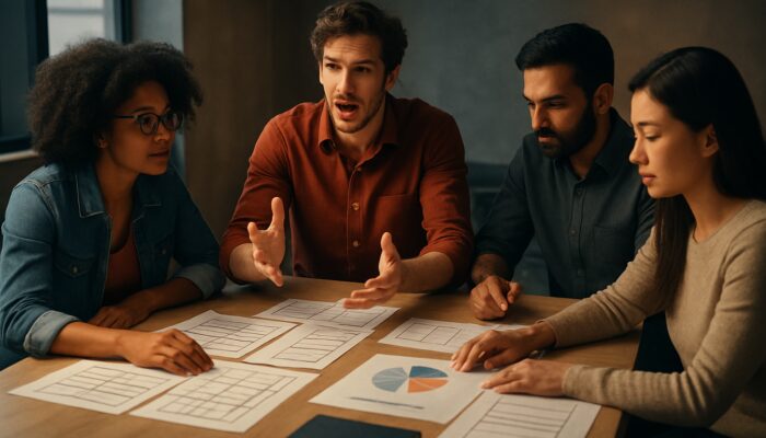Diverse creative team strategising over brand video with storyboards and budget charts in cinematic lighting.
