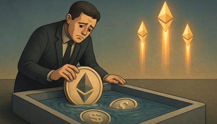 Surreal sad investor withdrawing faded ETH-USDC tokens as glowing Ethereum rockets skyward, demonstrating impermanent loss.