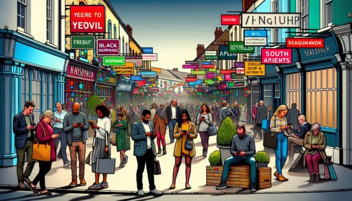 A busy street in Yeovil showcasing shops and people using mobile devices for local service searches, highlighting the necessity of digital marketing.