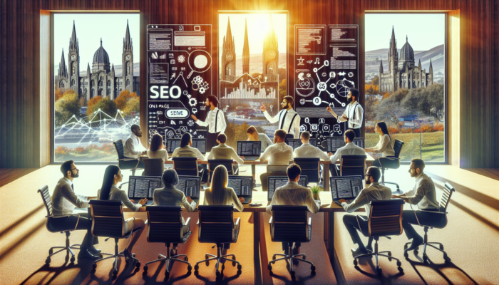 SEO experts in a modern Yeovil office discussing effective on-page strategies, surrounded by laptops displaying code and graphs, with historic landmarks visible through the windows.