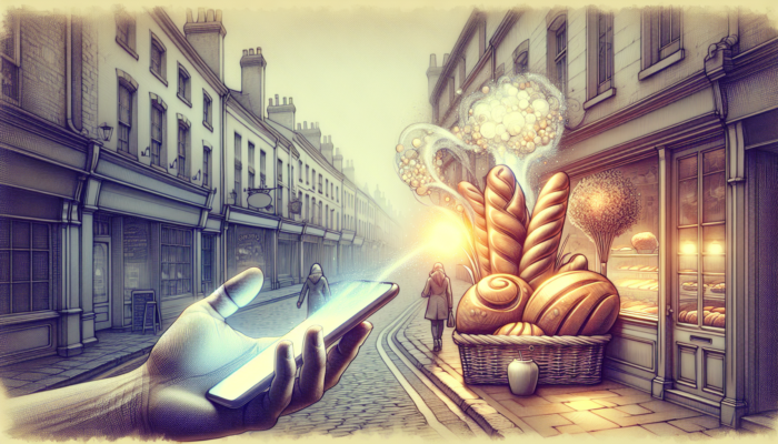 Lively Yeovil street scene featuring a cosy bakery displaying fresh bread; a person checking their smartphone for business hours, menu, and customer reviews.