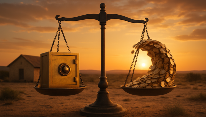 Rustic Beaufort West home: secure for fixed rates, wave of coins for variable rates, beneath a balancing scale at sunset.