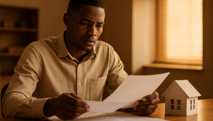 Determined South African applicant reviewing payslips and contracts for home loan in bank.