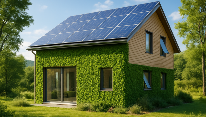 Modern eco-friendly house with solar panels, green walls, and smart windows in a tranquil setting.