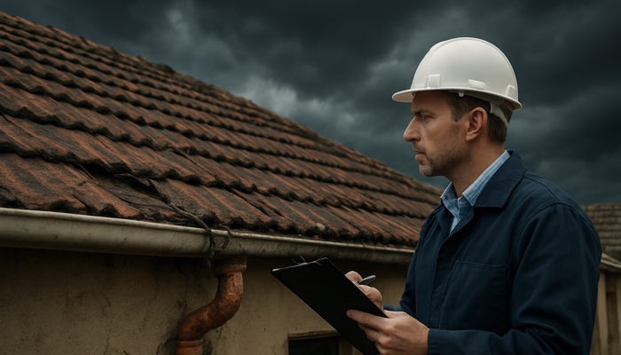 Professional inspector evaluating the condition of an old home in Springs, examining the roof and electrical systems.