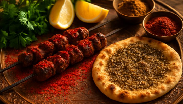 Close-up of vibrant sumac-dusted lamb kebabs and za'atar flatbread on ornate copper tray with herbs.