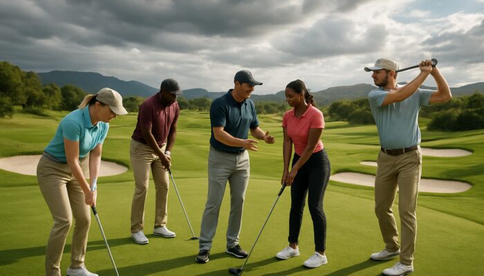 Diverse golfers practicing putting, chipping, and driving on scenic South African golf course