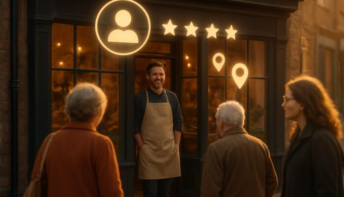 Charming Taunton shopfront showcasing glowing Google My Business reviews, stars, and location markers at dusk