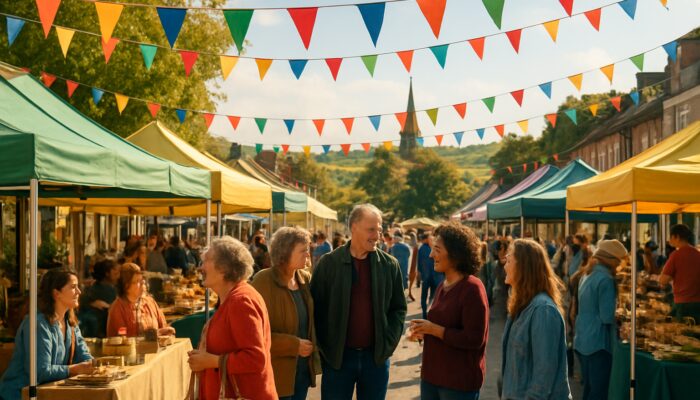 Lively Taunton market festival featuring small business stalls and locals in the sunny Somerset countryside