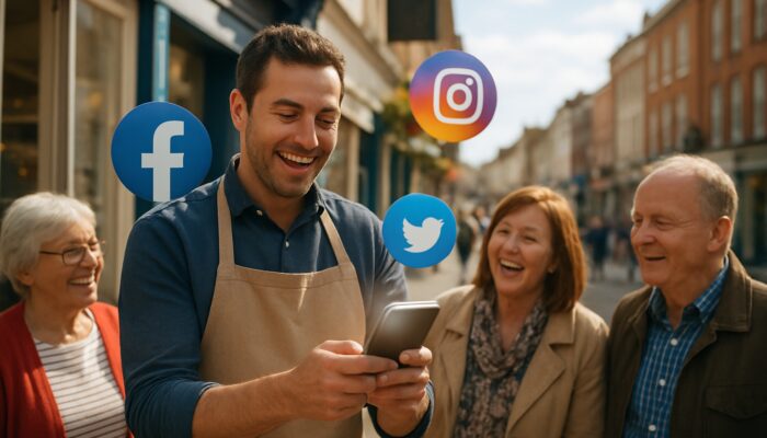 Taunton shop owner showcasing a smartphone with floating Facebook, Instagram, and Twitter icons engaging local customers.