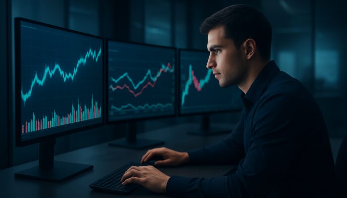 Focused trader monitors filtered crypto and stock alerts on glowing screens with dynamic charts.