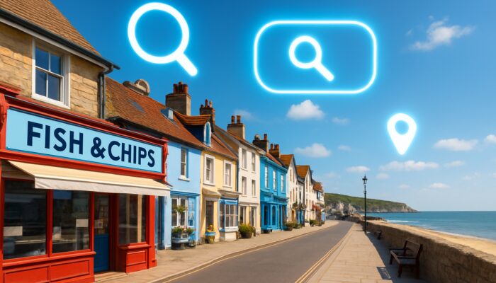 Vibrant Swanage promenade featuring fish and chip shops along with glowing location keywords