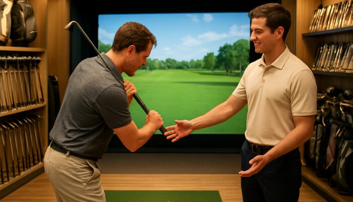 Golfer testing sleek golf simulator in bright local store with expert assistance