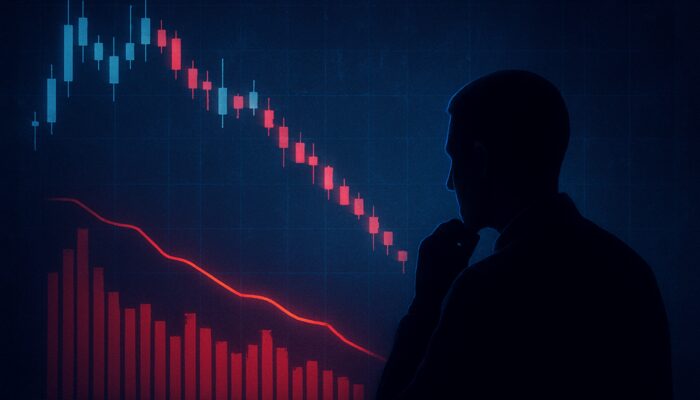 Trader analysing a glowing candlestick chart with a crimson Negative Volume Index line