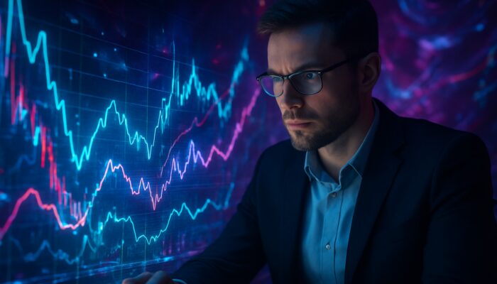 Trader analysing glowing holographic NVI and RSI charts amid neon market volatility.