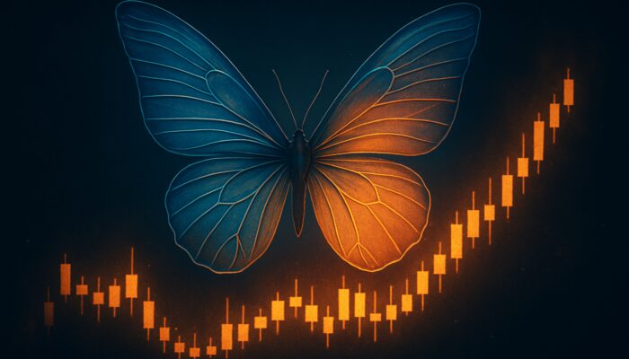 Surreal butterfly with strike price wings hovering over glowing candlestick charts in options trading