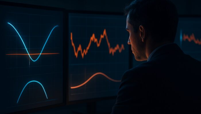Trader monitoring butterfly spread diagrams and fluctuating delta gauges on screens near outer strikes.