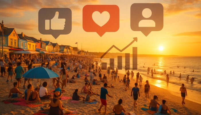 Exmouth beach at sunset with tourists, shops, social media icons and spending charts overlay.