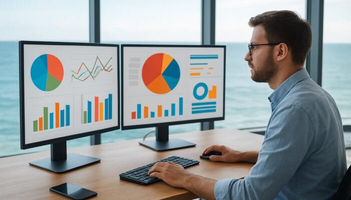 Marketer in Exmouth reviewing social media dashboards and engagement charts in coastal office