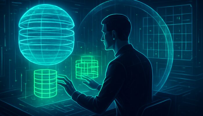 Database expert manipulating holographic data models and queries in cybernetic control room with blue-green digital shields.