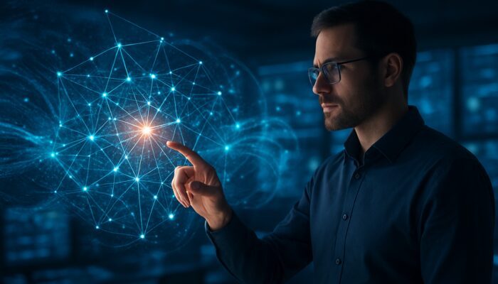 Database expert analysing glowing holographic data network for bottlenecks in high-tech control room.