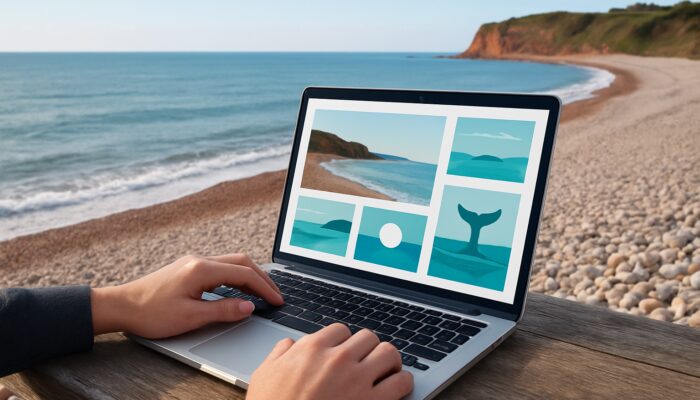 Designer assessing WordPress portfolio on a laptop with a view of Budleigh Salterton pebble beach.