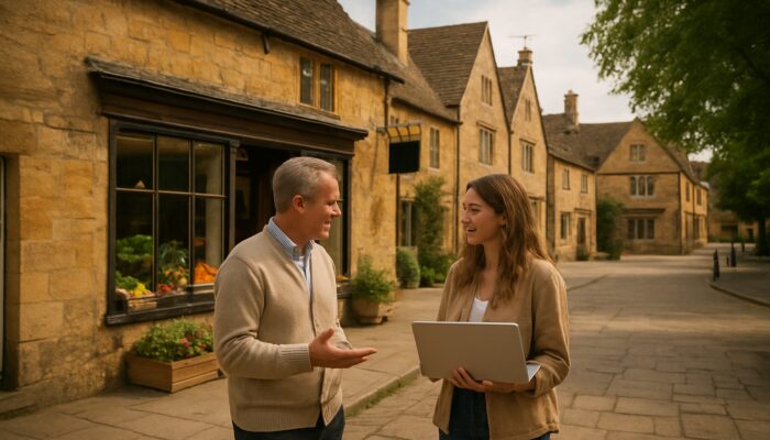 Shop owner networking with blogger in Chipping Campden Cotswolds market square amid golden stone buildings.