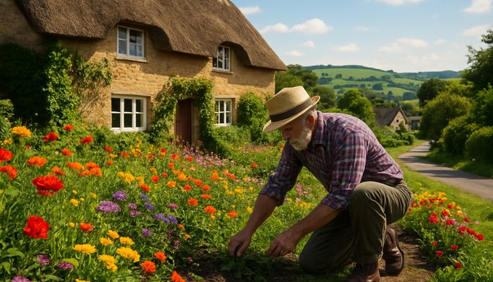 Gardener weeding colourful flowerbeds by thatched cottage in sunny Yetminster, Dorset.