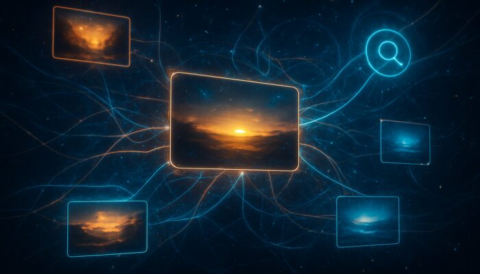 Illuminated data threads connecting video thumbnails and titles to search engine orbs in a digital realm