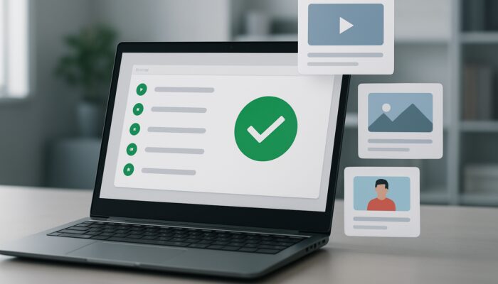 Laptop showcasing Google's Structured Data Testing Tool validating video schema markup with green checkmarks and rich thumbnails